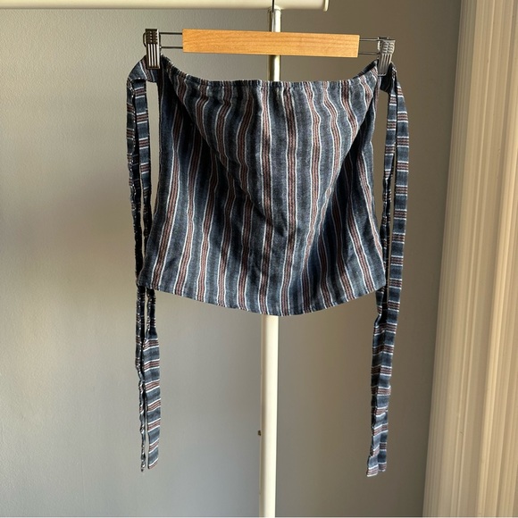 Aus Brand Morrisday The Label Linen Stripes Tie Straps Off Shoulder Top in Navy - Picture 4 of 9